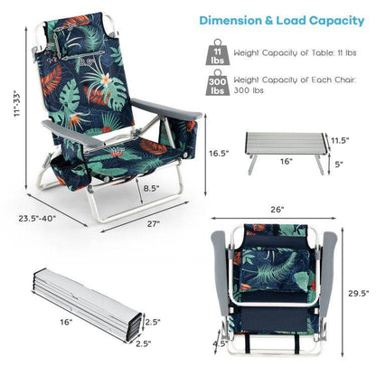 5-Position Folding Backpack Beach Chair Set with Table - Set of Two