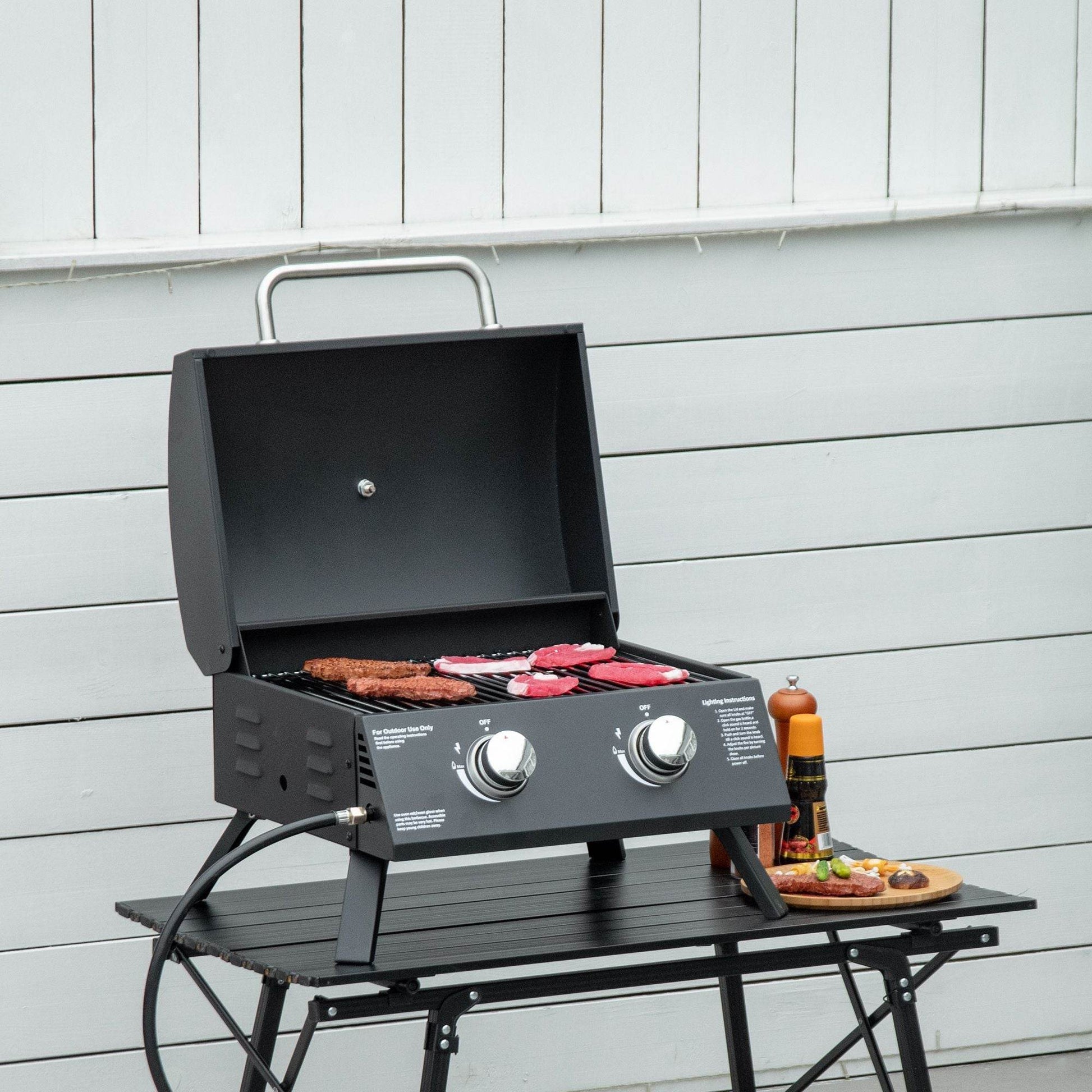2 Burner Propane Gas Tabletop BBQ Grill with Foldable Legs