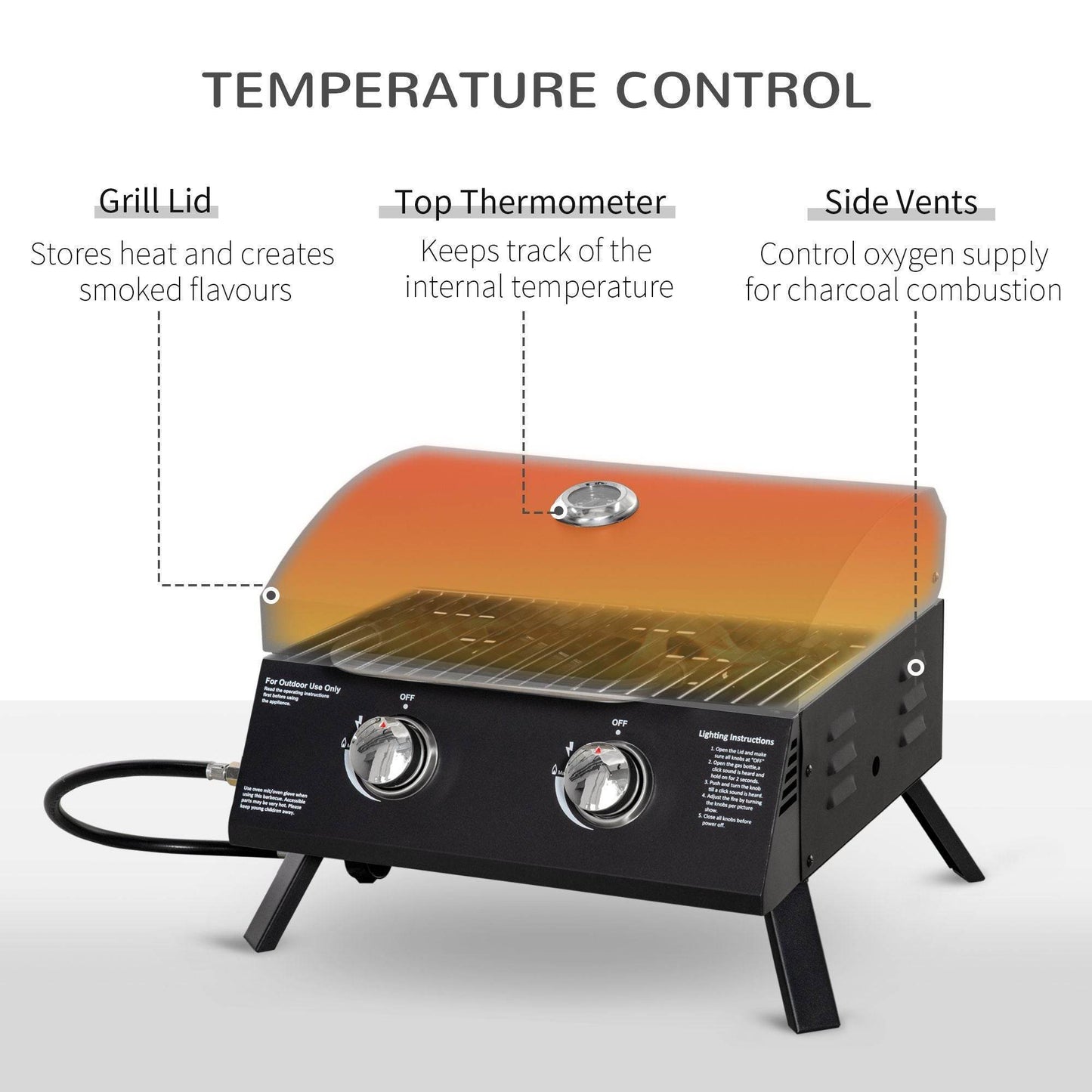2 Burner Propane Gas Tabletop BBQ Grill with Foldable Legs