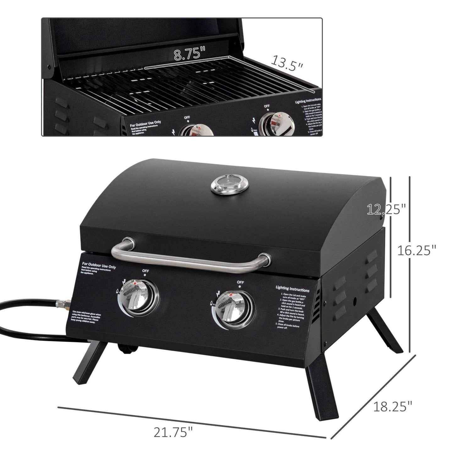 2 Burner Propane Gas Tabletop BBQ Grill with Foldable Legs