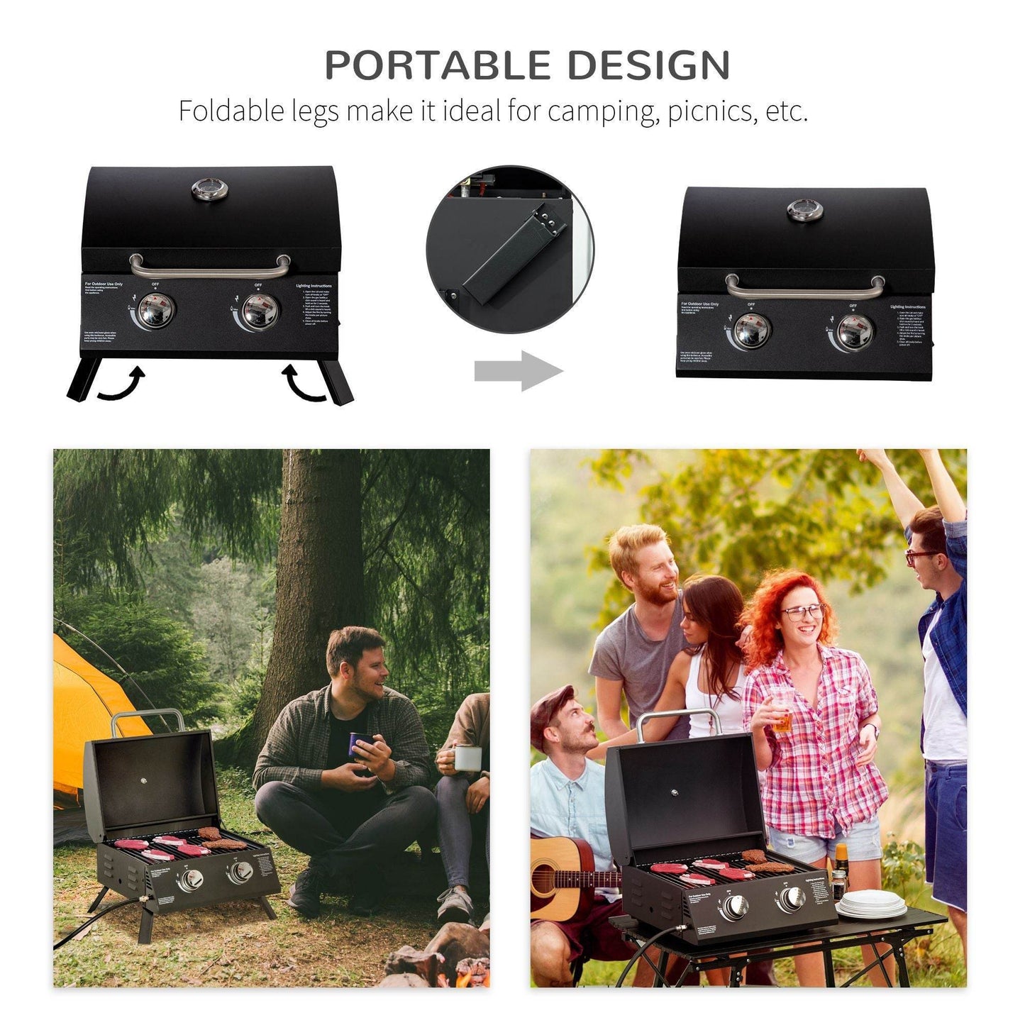 2 Burner Propane Gas Tabletop BBQ Grill with Foldable Legs