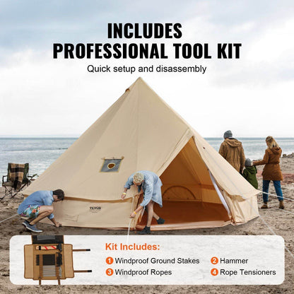 3-5 Person Canvas Glamping Bell Tent with Stove Jack and Detachable Side Wall 10'x 10'x98"