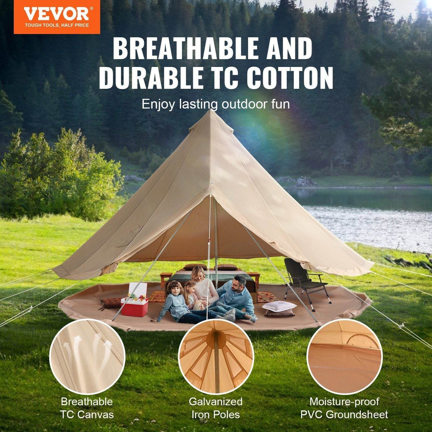 3-5 Person Canvas Glamping Bell Tent with Stove Jack and Detachable Side Wall 10'x 10'x98"