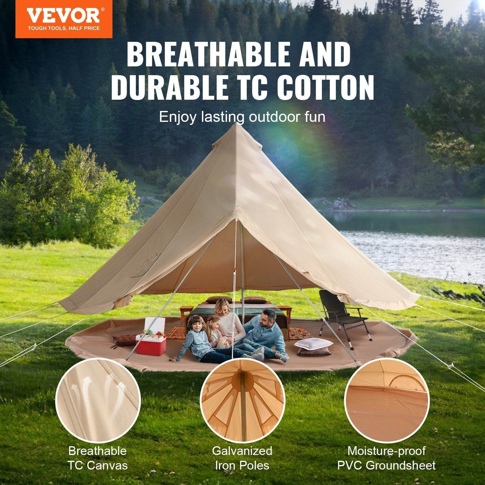 3-5 Person Canvas Glamping Bell Tent with Stove Jack and Detachable Side Wall 10'x 10'x98"