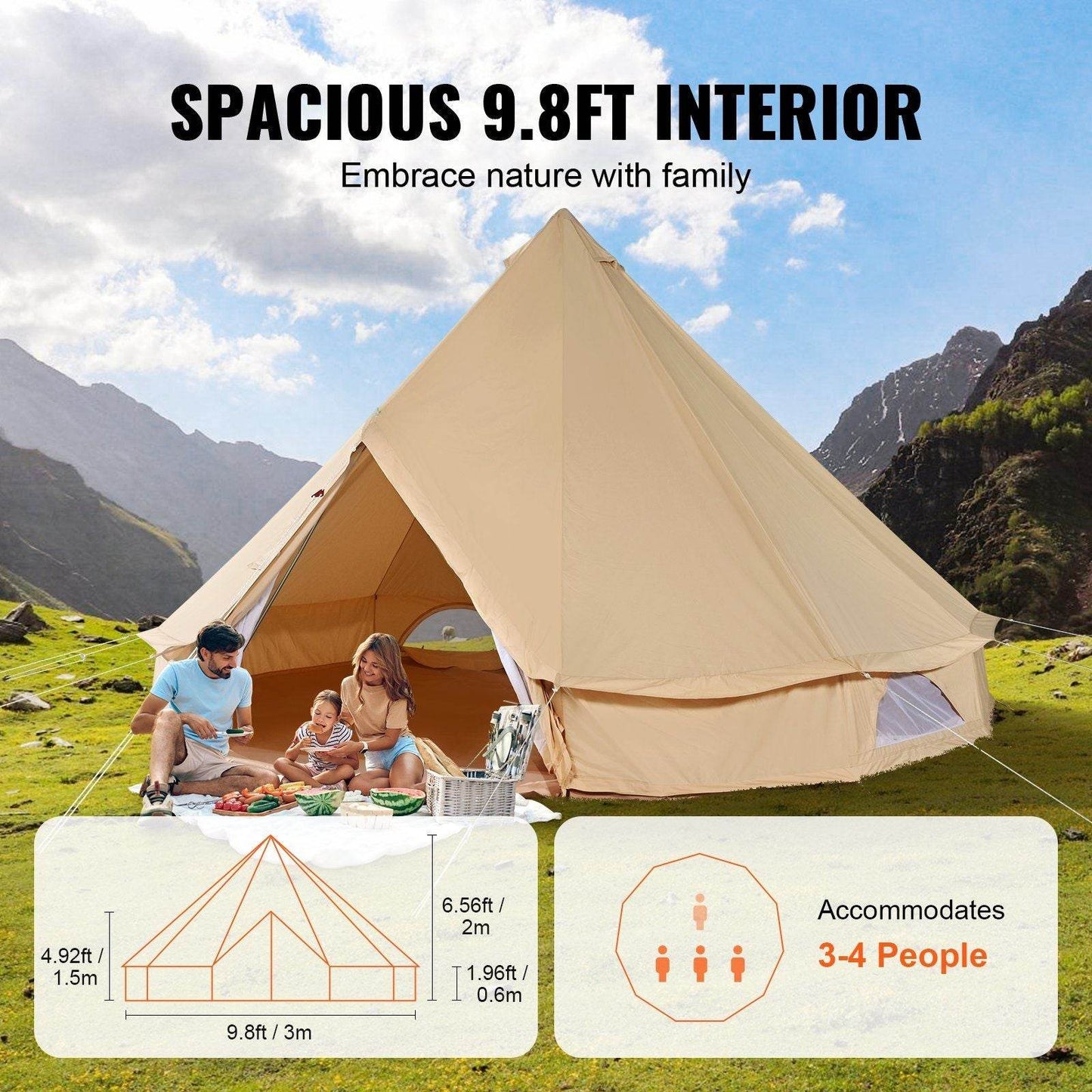 3-5 Person Canvas Glamping Bell Tent with Stove Jack and Detachable Side Wall 10'x 10'x98"
