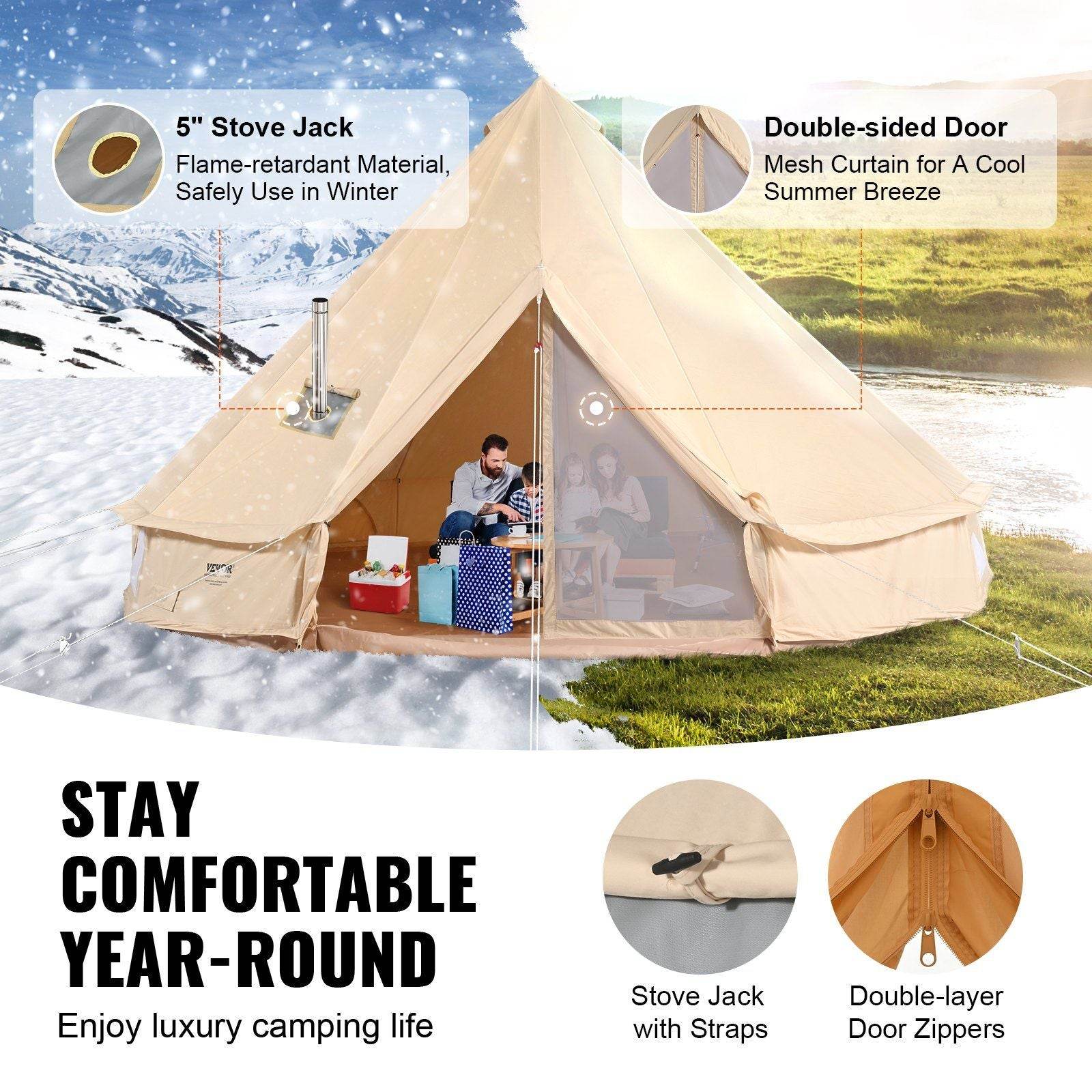 3-5 Person Canvas Glamping Bell Tent with Stove Jack and Detachable Side Wall 10'x 10'x98"