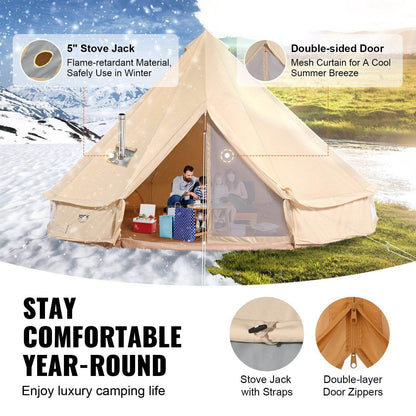 3-5 Person Canvas Glamping Bell Tent with Stove Jack and Detachable Side Wall 10'x 10'x98"
