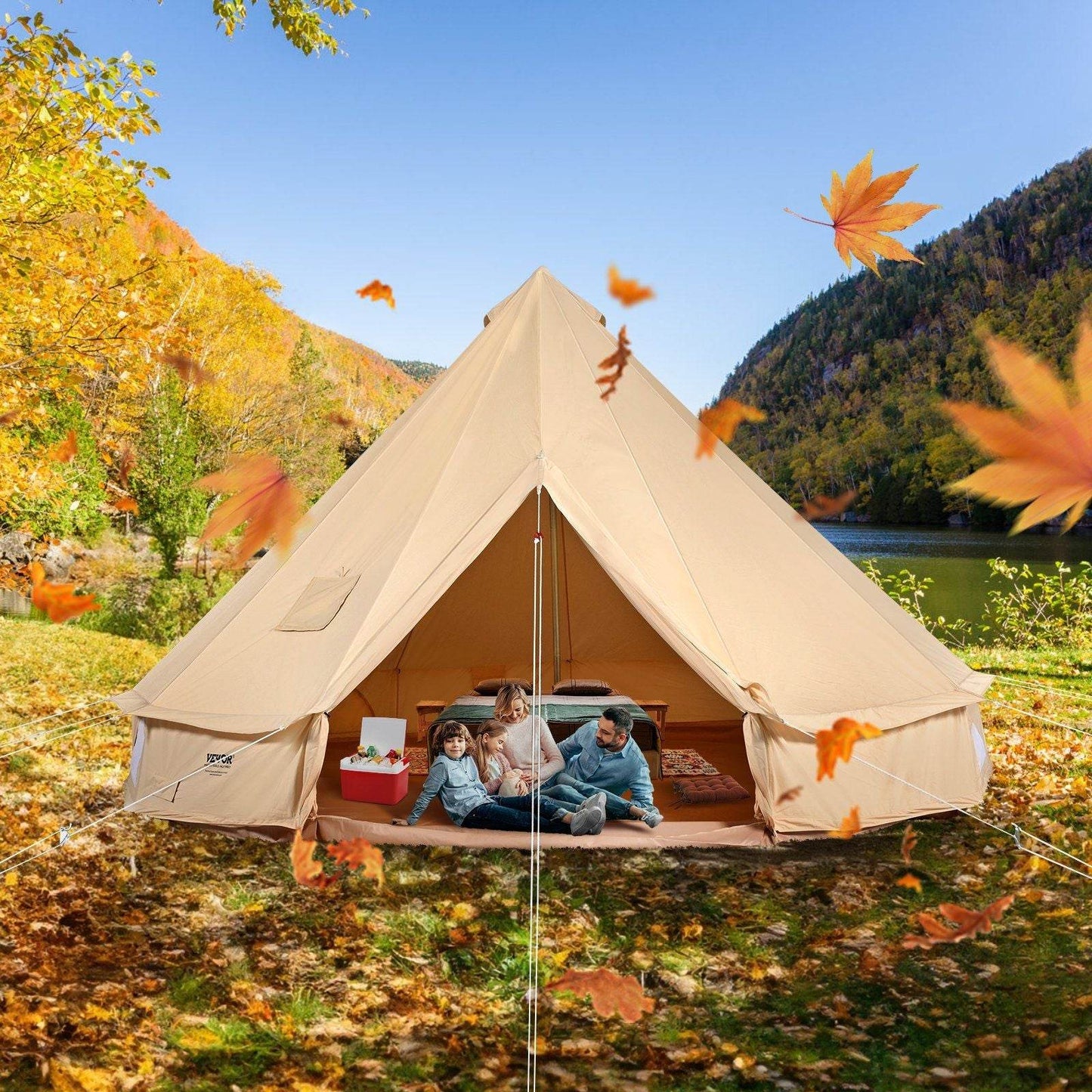 3-5 Person Canvas Glamping Bell Tent with Stove Jack and Detachable Side Wall 10'x 10'x98"