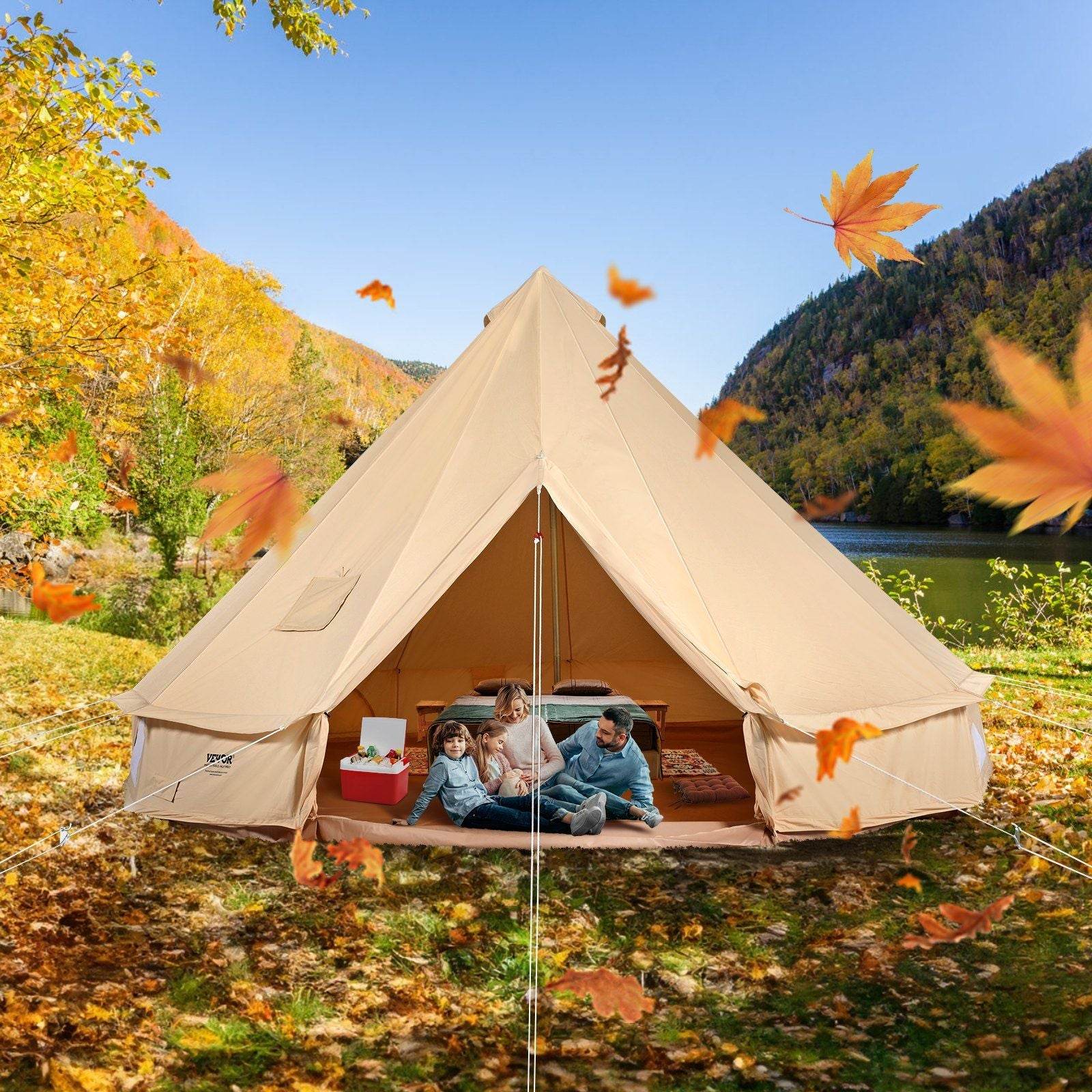 3-5 Person Canvas Glamping Bell Tent with Stove Jack and Detachable Side Wall 10'x 10'x98"