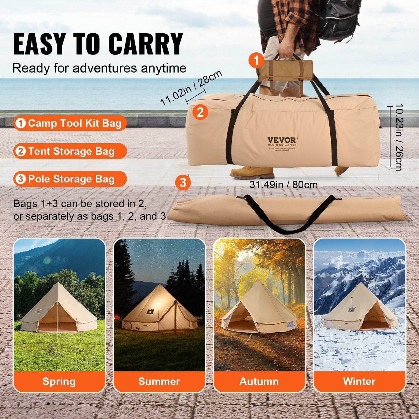 3-5 Person Canvas Glamping Bell Tent with Stove Jack and Detachable Side Wall 10'x 10'x98"