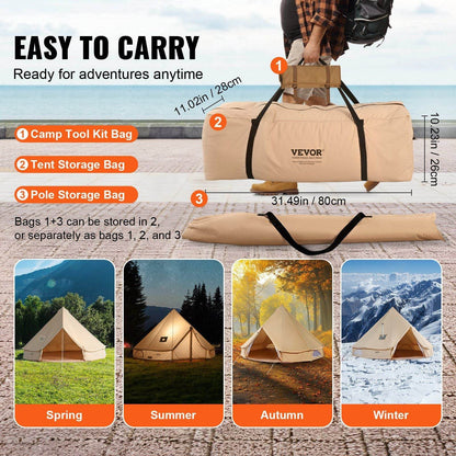 3-5 Person Canvas Glamping Bell Tent with Stove Jack and Detachable Side Wall 10'x 10'x98"