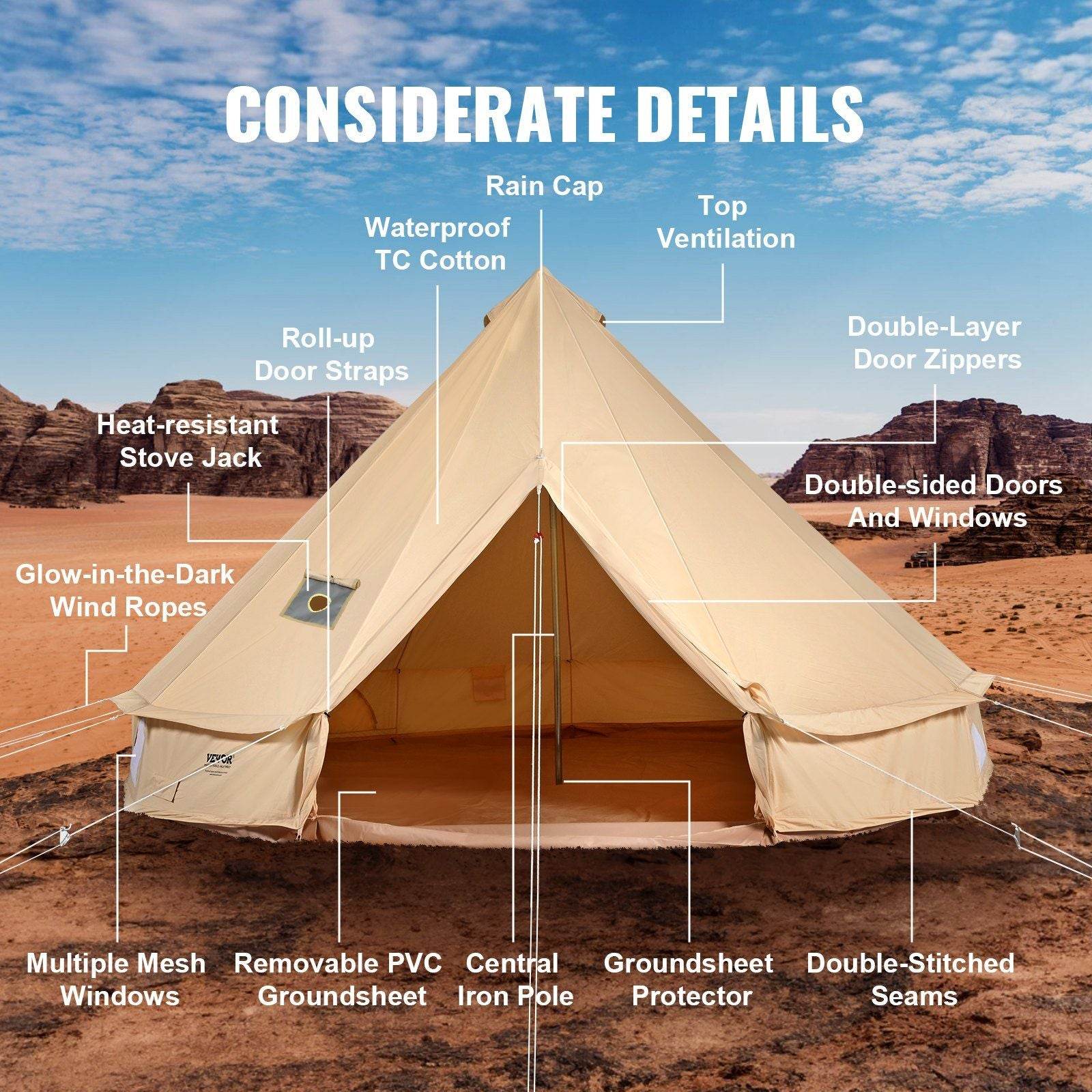 3-5 Person Canvas Glamping Bell Tent with Stove Jack and Detachable Side Wall 10'x 10'x98"