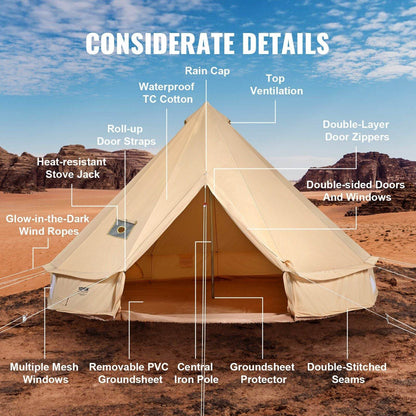 3-5 Person Canvas Glamping Bell Tent with Stove Jack and Detachable Side Wall 10'x 10'x98"