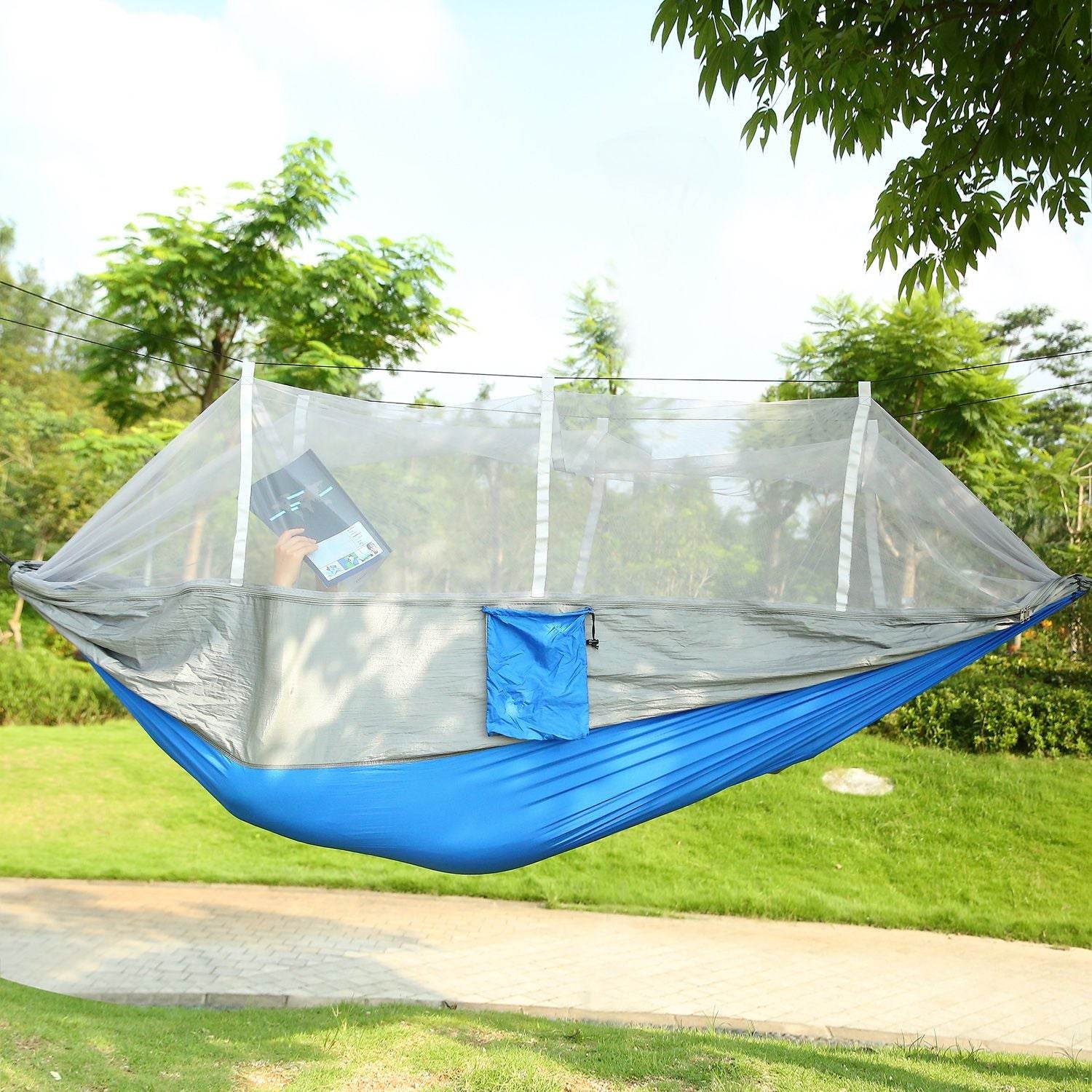 Portable Double Camping Hammock with Mosquito Net Grey+Blue