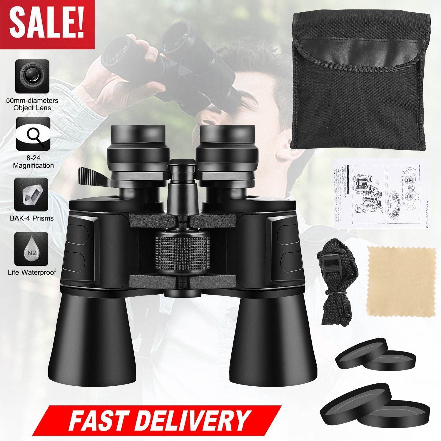 Portable Zoom Binoculars with FMC Lens and Low Light Night Vision Black